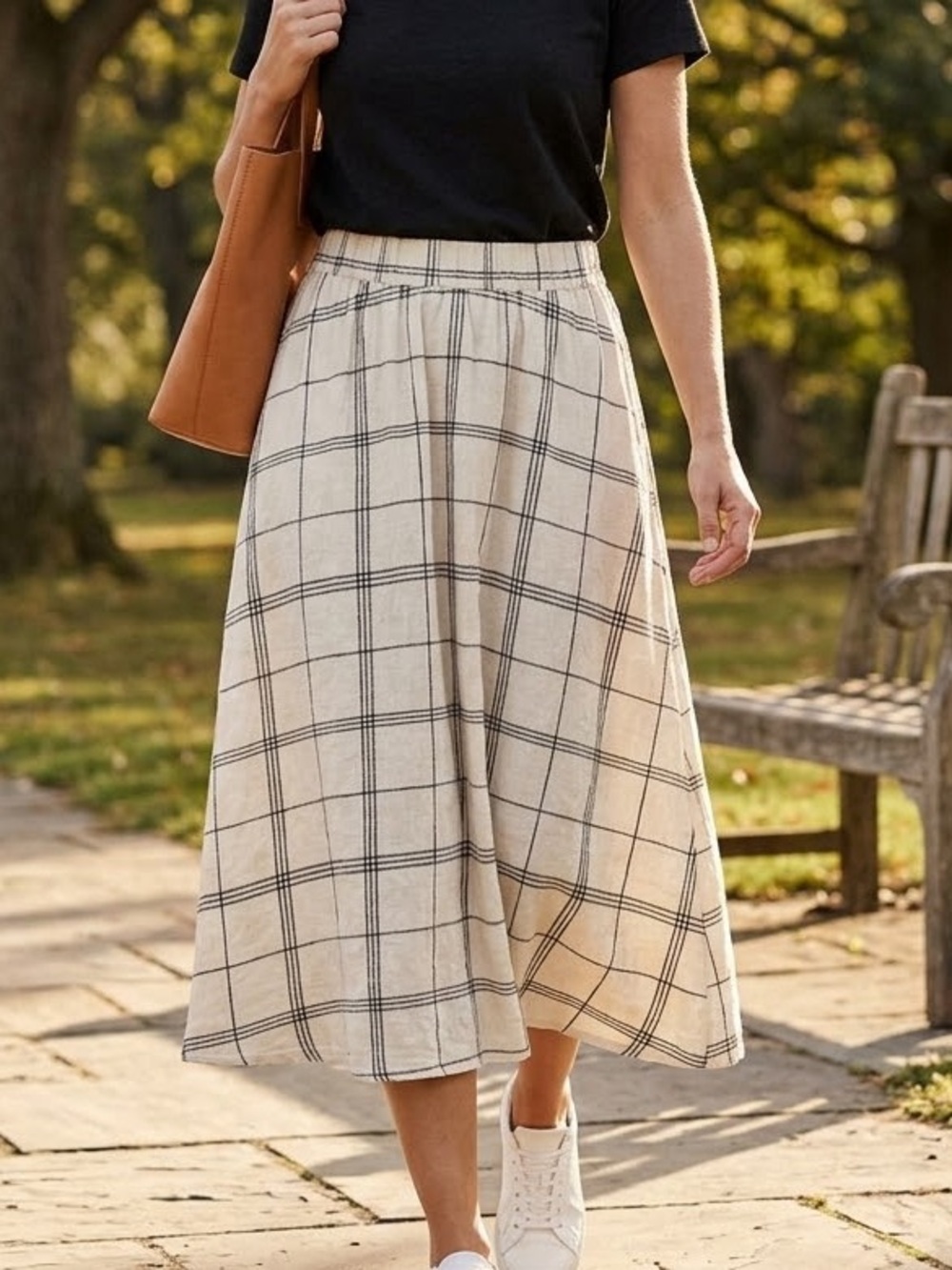 A New Day Plaid Linen Blend Midi Skirt XS Cream Black Elastic Waist Pockets